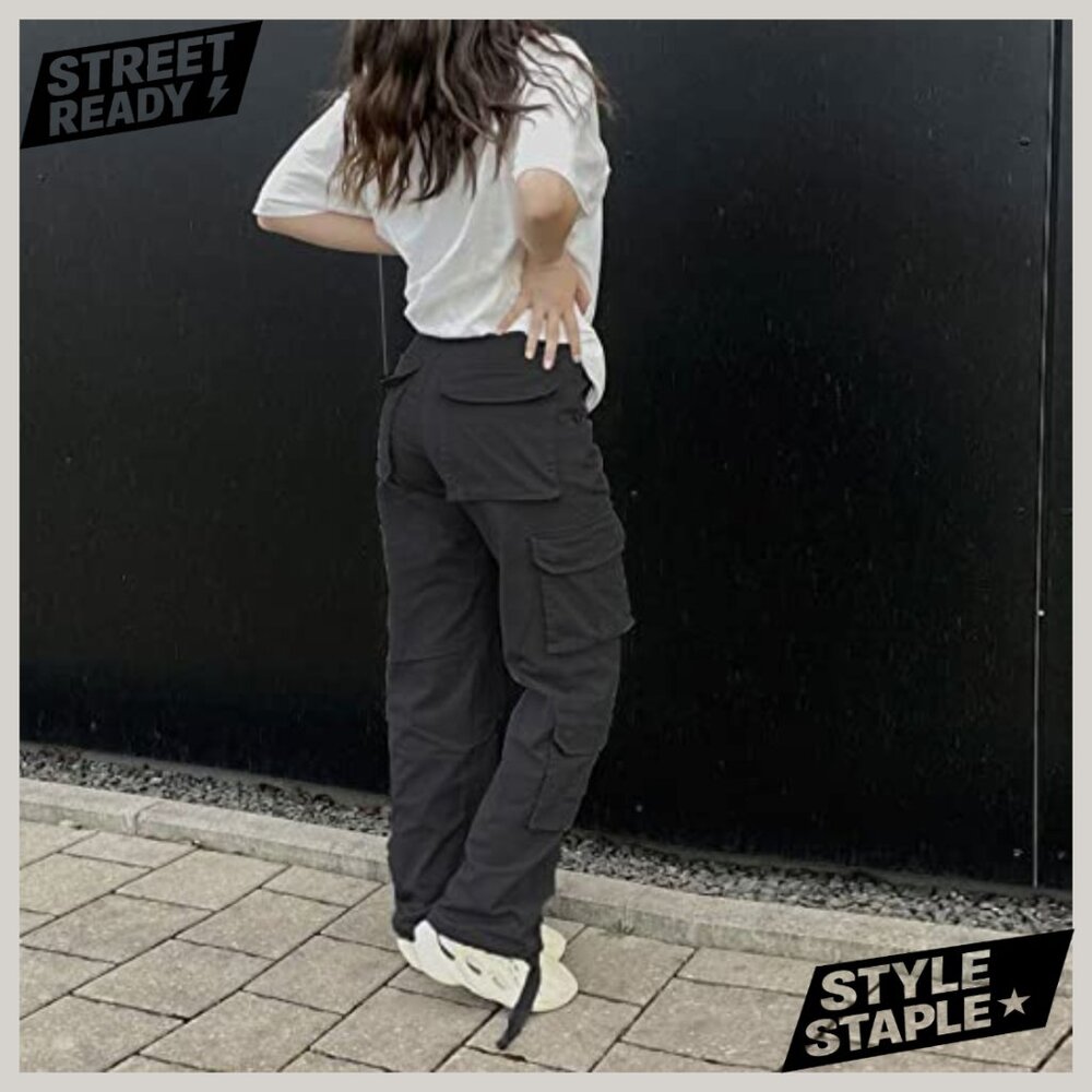 High Waisted Cargo Pants Women Baggy Y2K Straight Wide Leg Streetwear Pockets - Picture 3 of 6